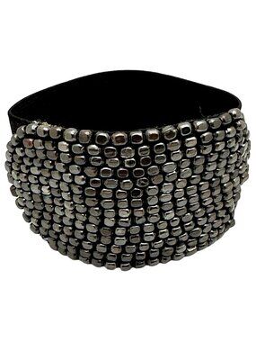 Y2k Whimsigoth Wide Band Bracelet Cube Bead Stretch Black Gunmetal Goth Punk